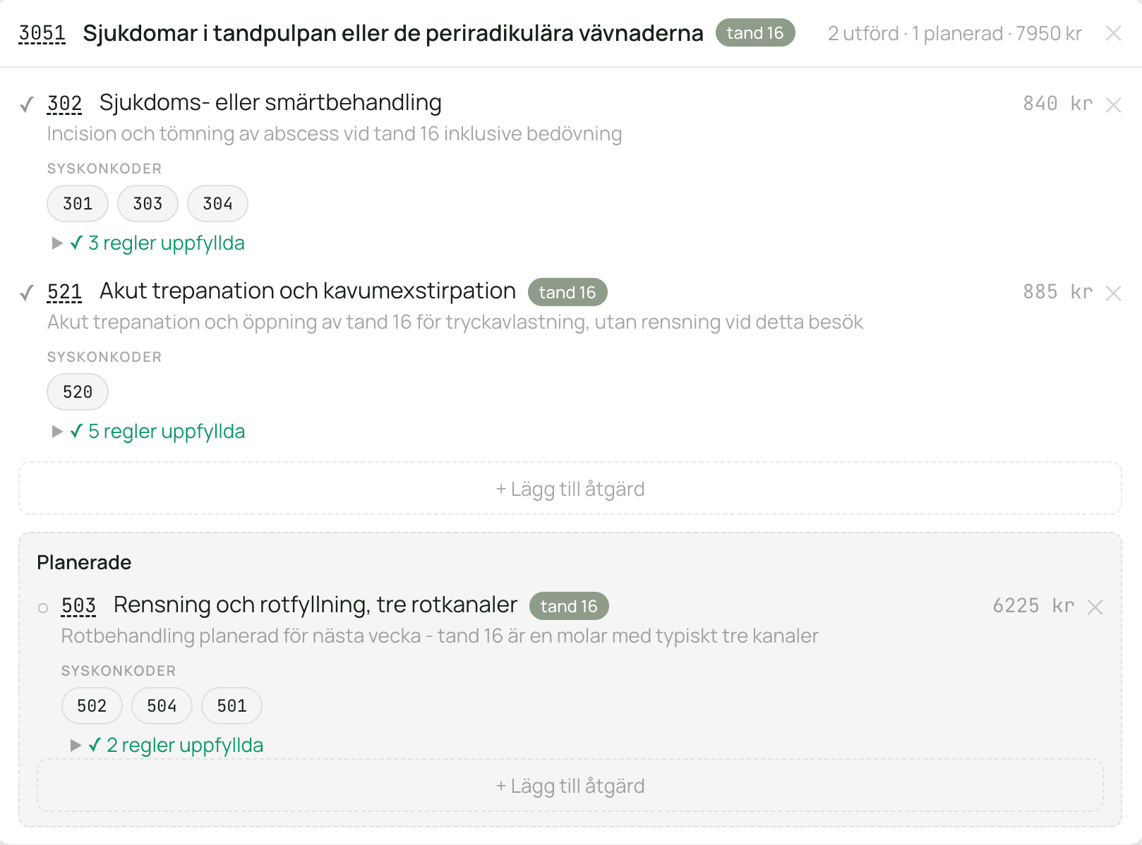 Möjliga TLV-kodförslag med tillstånd och åtgärder för behandlarens granskning
