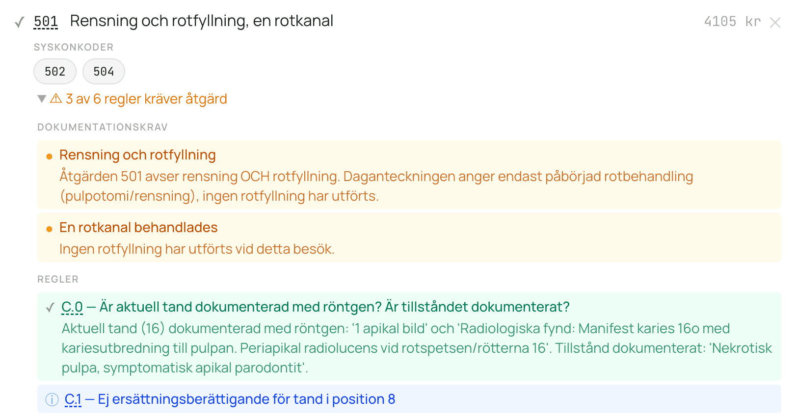 Documentation checklist with found / should-be-reviewed / possible rule conflict markers