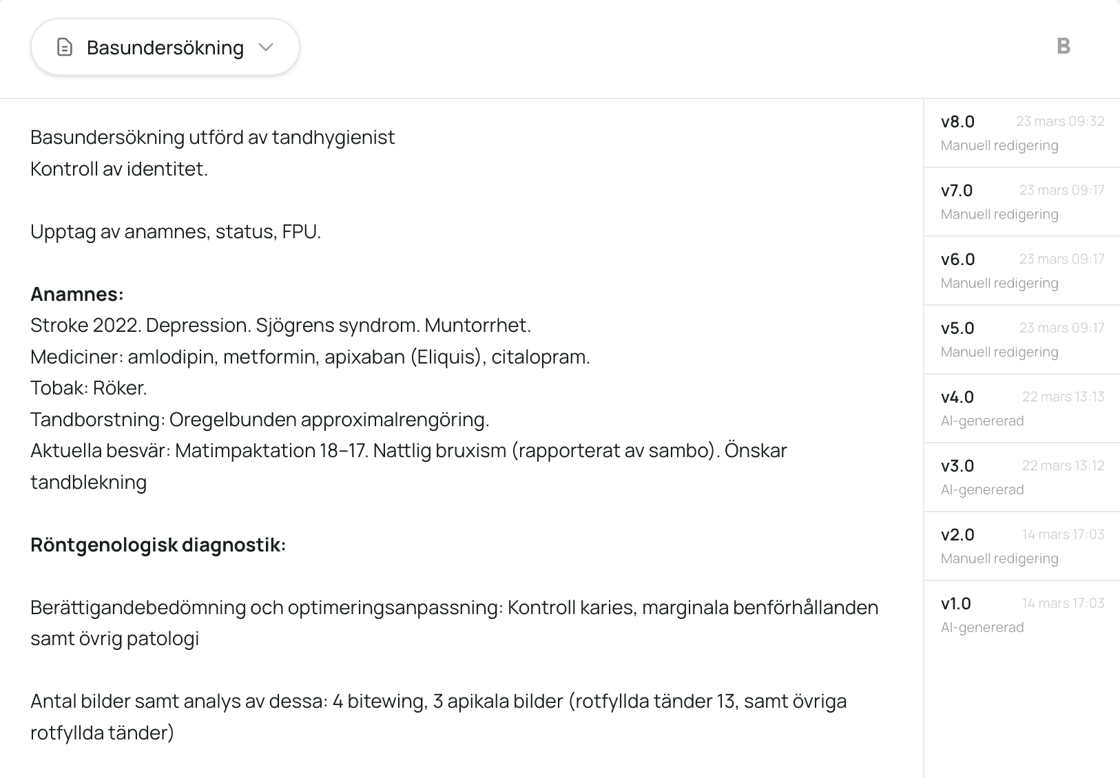 Clinical-note draft from a dental hygienist with version history