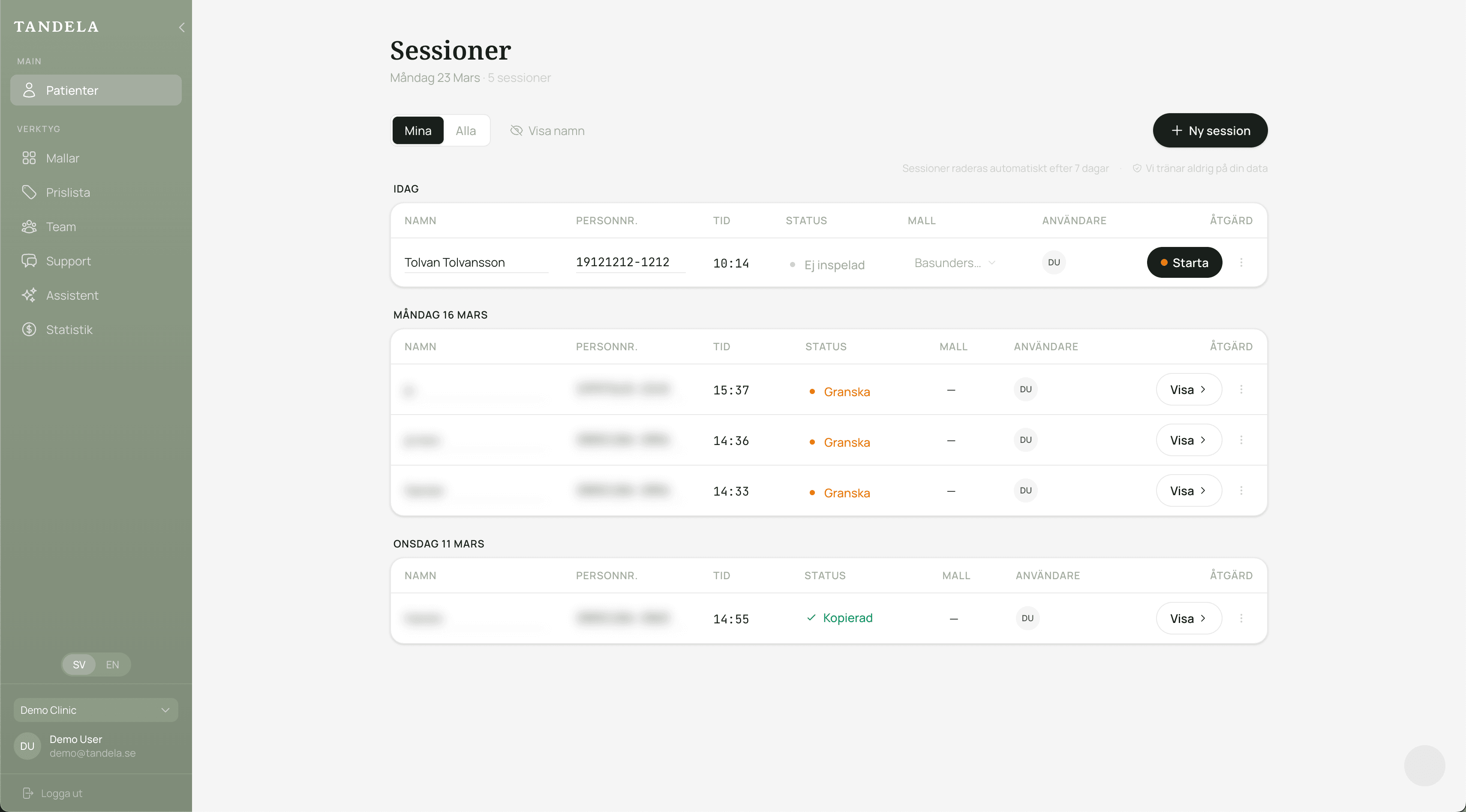 Session list with patient meetings and status