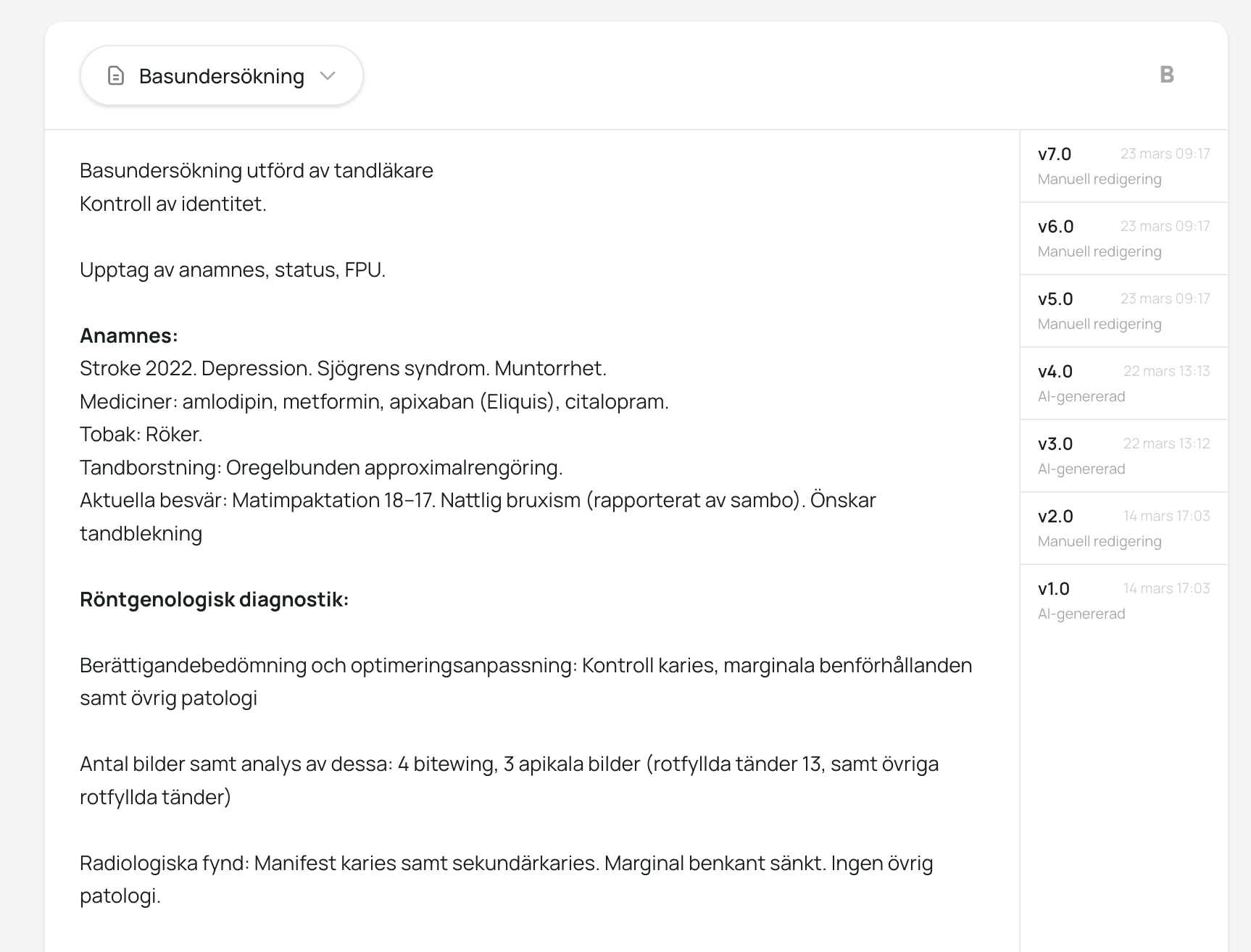Clinical-note draft with version history showing manual and AI-generated changes